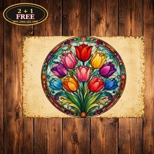 Bohemian Tulip Vibrant Floral Flower Pattern Faux Suncatcher Metal Sign 8x12 picture