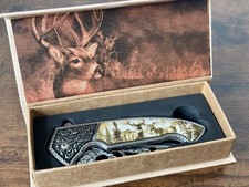 Deer Wildlife Gift Box Knife Stainless Steel Engraved Ornate Faux Ivory Handle picture