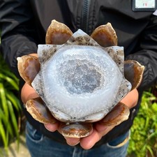 1.54LB Natural Agate Geode Carved Lotus Flower, Hand Carved Healing Crystal Home picture