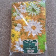 NEW Vtg 60s 70s Cotton Terry Cloth Tablecloth Mod Flowers Orange Yellow 52x70