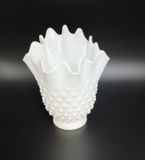Vintage Fenton Hobnail White Milk Glass Swung Ruffle Handkerchief Vase picture