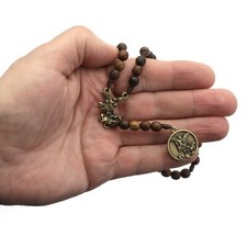 Brown Carved Wood St Saint Michael Archangel Rosary Beads Chaplet 6M Strong Cord picture