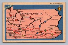 Vintage Pennsylvania Map PITTSBURGH Philadelphia State Keystone 1950s picture