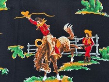 BLACK Retro Western Rodeo Cowboy Horses Mid Century Barkcloth Era Vintage Fabric picture