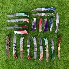 Custom Handmade Damascus Folding Knives – Lot of 20 + Leather Sheaths picture