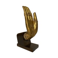 Antique Tibetan Gilt Bronze Buddha Prayer Hand Sculpture on Stand picture
