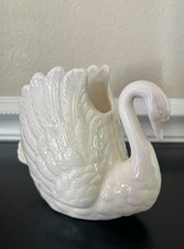 Vintage Ivory Ceramic Swan Planter Small Vase Glossy 5