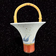 Vintage Hand Made Stoneware Pottery Tall Basket With Wooden Handle Painted 11.5