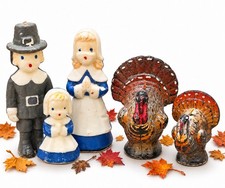 Vintage Gurley Wax Candle Lot Pilgrim Family & Thanksgiving Turkeys With Tags picture