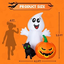 Halloween Inflatable 5FT Ghost with Black Cat and Pumpkin, Built-In Leds Blow up picture
