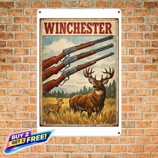 Winchester Rifle and Deer Hunting Scene Vintage Tin Metal Sign Home Decor picture