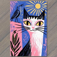 POSTCARD Cat Yellow Eyes Black White Bird Pink Blue Background Surreal Bright picture