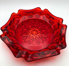 Vintage Ruby Red Pressed Glass 9” Bowl Starburst Scalloped Edge MCM picture