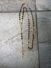 Beautiful Gold Plated Glass Black Beads Catholic Rosary 24” Wearable Y Necklace picture