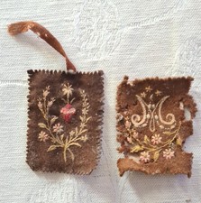 Antique French Catholic Scapular Pair Our Lady of Mount Carmel Embroidered c1900 picture