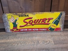 Vintage 1950s Squirt Soda Embossed Tin Sign Never An After-Thirst Squirt Boy picture