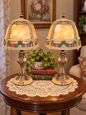 Pair of Antique E. Miller Bent 4 Panel Slag Glass Table Lamps Floral Iron 15” picture