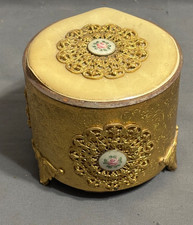 VIDEO Silverite SWISS THORENS Gold Tone Filigree & Guilloche MUSICAL POWDER BOX picture