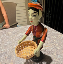 Hand Painted Wooden Figurine oriental vintage pull string hands up collectible picture