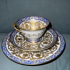 Antique Schumann Bavaria Teacup, Saucer & Luncheon Plate Trio Blue Gold Germany picture