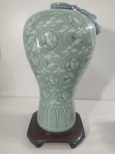 Large Korean Celadon Vase Featuring Inlaid Crane and Cloud Motifs 14” Sanggam picture