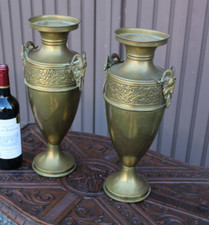PAIR antique copper ram heads vases picture
