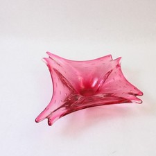 Pink Blown Art Glass Bowl w/ Bubbles & Winged Edges 10x12 in Collectible picture