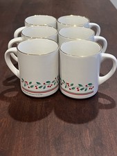Set Of 6 1987 Arby’s Christmas Collection Coffee Mugs Holly Berries Gold Trim picture