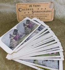circa 1915 Colored Sterograph Cards  Set of 25 Children Kittens Puppies Chickens picture