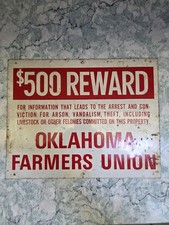 Vintage 14x11 $500 Reward Oklahoma Farmers Union metal sign picture