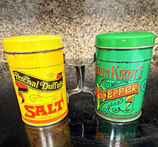 Vintage Metal Salt & Pepper Shakers Set w/ Handles, Yellow & Green, 2pc picture