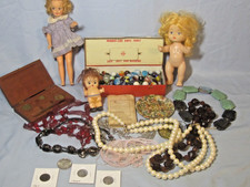 Junk Drawer Lot. Pepper Doll, 68' Half, Marbles, Mercury Dimes, Shield Nickel picture