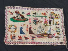 Vintage Needlepoint Embroidery Sampler Animals Figures Ships Folk Art Decor picture