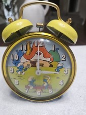 Bradley Time Smurfs 1983  Bell Alarm Clock  Blue Yellow Smurfette On See Saw 59 picture
