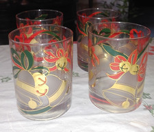Vintage Culver Signed Christmas Bell Noel 22k Gold Old Fashioned Glasses set picture