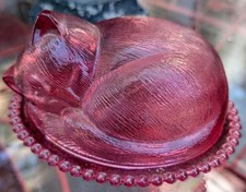 Rare Vintage Indiana Glass Cranberry Pink Sleeping Cat On A Nest Covered Dish picture