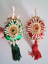 Vintage Set of 2 Handmade Push Pin Sequins Beaded Christmas Ornaments Red, Green picture