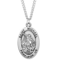 Mens Large Sterling Silver Saint St Michael Medal Pendant Necklace 24' Chain picture