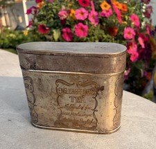 VTG English Breakfast Tea Caddy Storage Tin Silver Plated Brass Oval PATINA picture