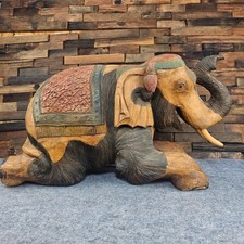 Vintage Hand Carved Solid Wood Painted Elephant Sculpture Handmade 20