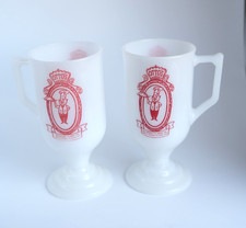 Otto's Pink Pig Restaurant Milk Glass Footed Mugs Set of 2 Van Nuys CA 1960-70's picture