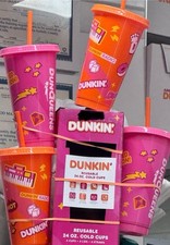 Box Of 4 Dunkin DunKings Dunqueens S reusable Mugs Straws Lids picture