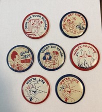 Vintage Lot of 7 Tin Metal Pinback Button 1930 - 1940 Mixed Humor picture