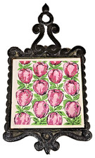 VTG Enesco Cast Iron Ceramic Tile Trivet Retro Pink Floral Hot Plate Decor Japan picture