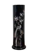 Antique Czechoslovakian Black Glass Silver Overlay Floral Bird Vase 11