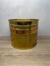 VTG Hammered Brass & Copper Band Large Cylinder Planter Pot 9x7.5 Inch picture