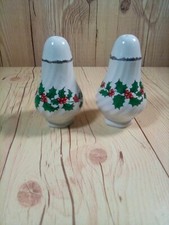 Vintage Porcelain Christmas Holly & Berry Salt & Pepper Shakers With Silver Rim picture