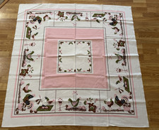 Vintage Cotton Tablecloth 50x49 Pink Brown Avocado Chicken Farmhouse Mid Century picture