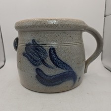 VTG Rowe Pottery Works Salt Glazed Stoneware Handled Batter Crock Floral USA picture