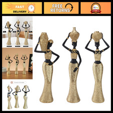 Set of 3 African Women Figurines - Black & Gold Tribal Sculptures for Home Decor picture